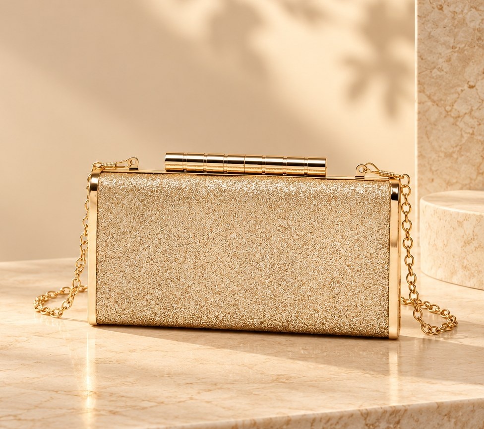 Gold glitter chain box bag styled on a warm neutral surface