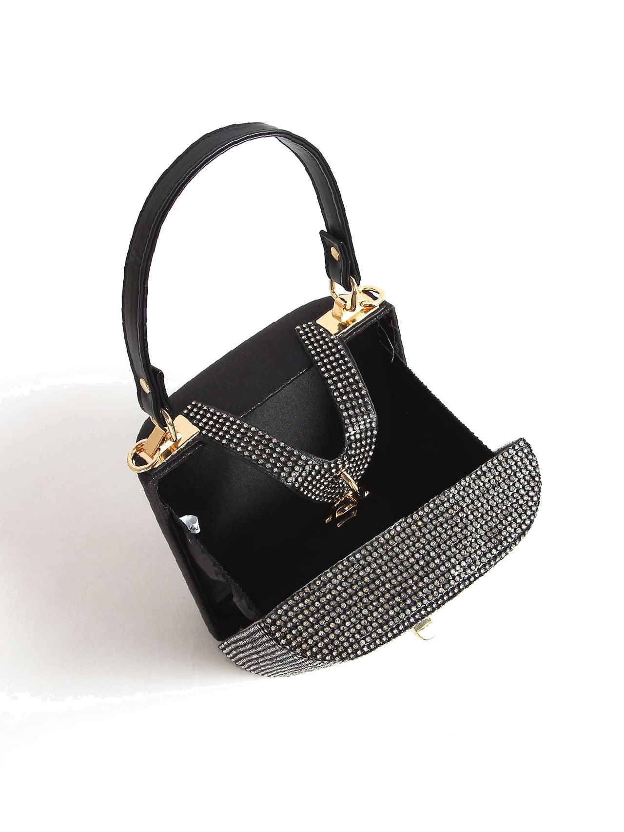 Rhinestone-trimmed box bag photographed open