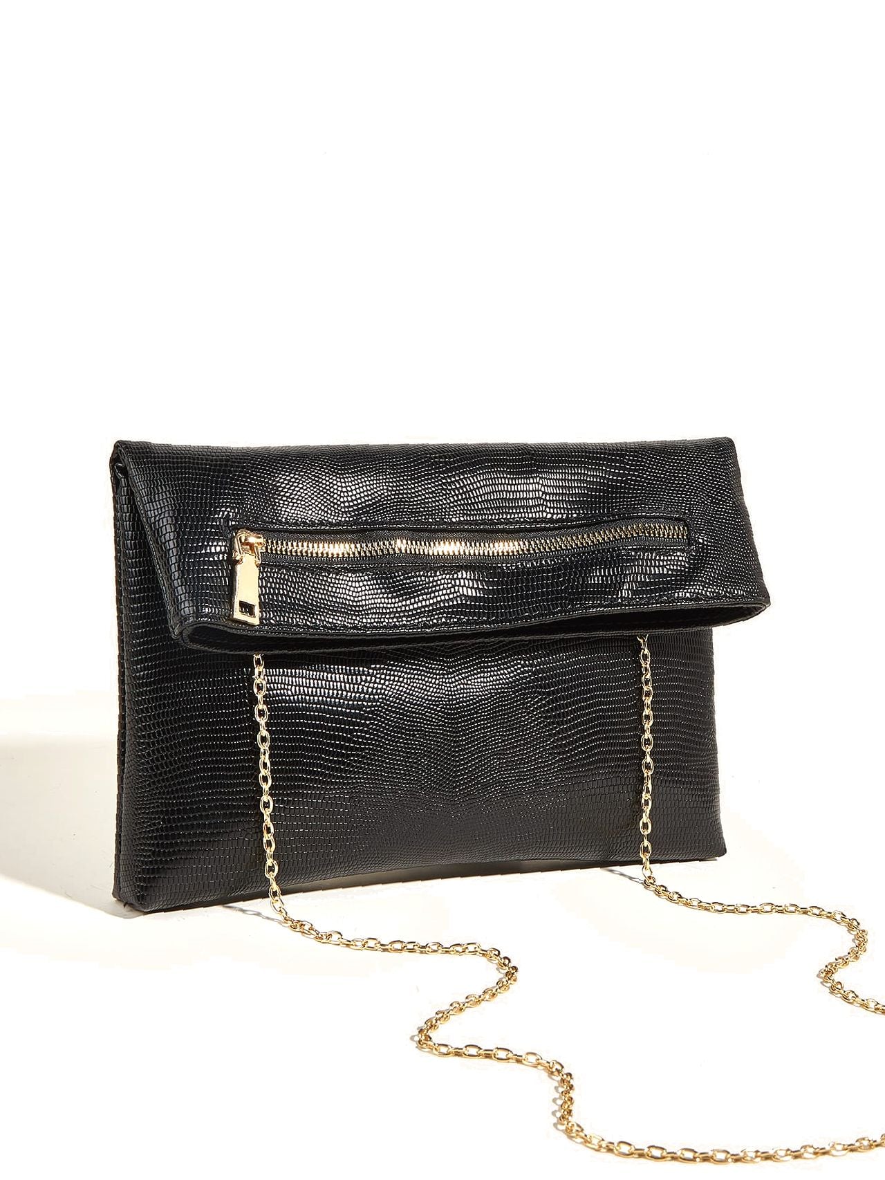 Black embossed clutch with its chain strap displayed